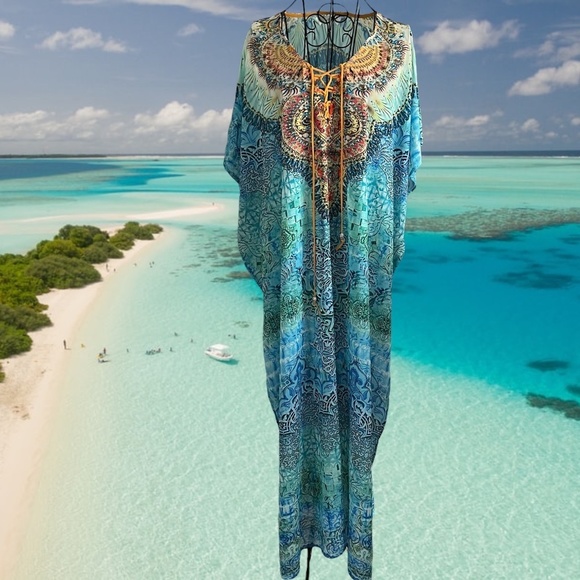 ๐ Ocean Blue Embellished Kaftan / Beach Cover-Up ๐ - Picture 1 of 1